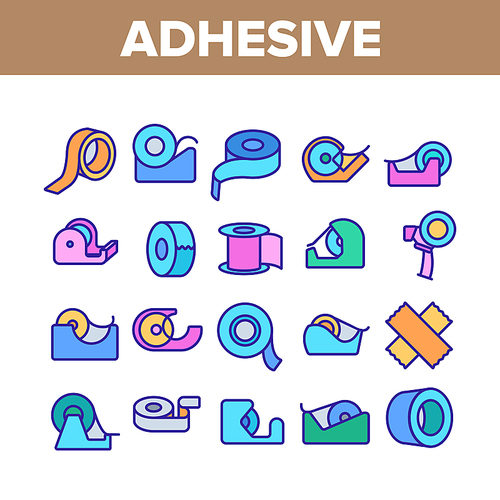 Adhesive Tape Scotch Collection Icons Set Vector. Medicine Plaster Bandage, Roll Adhesive Tool, Office Stationery Sticky Reel Concept Linear Pictograms. Color Contour Illustrations
