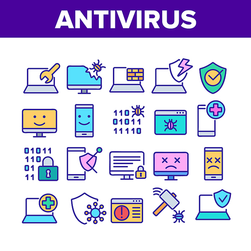 Antivirus Program Collection Icons Set Vector. Computer And Laptop Antivirus, Binary Code Security Padlock, Hammer Kill Bug Concept Linear Pictograms. Color Contour Illustrations