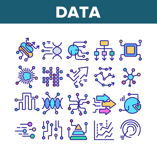 Data Analysis Analytic Collection Icons Set Vector. Data Statistics And Infographic, Computer Digital Processor Microchip Contact Concept Linear Pictograms. Color Contour Illustrations