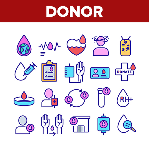 Donor Blood Donation Collection Icons Set Vector. Palpitations And Dizziness, Donor Badge Card With Medicine Information Concept Linear Pictograms. Color Contour Illustrations