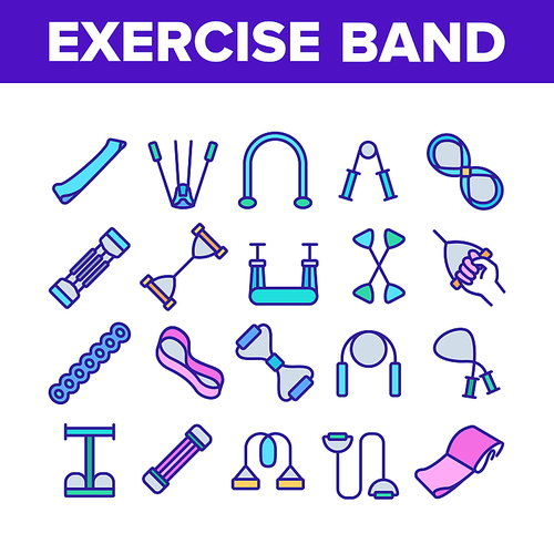 Exercise Band Tools Collection Icons Set Vector. Resistance And Stretchable Belt, Athletic Expander Exercise Band Sport Equipment Concept Linear Pictograms. Color Contour Illustrations