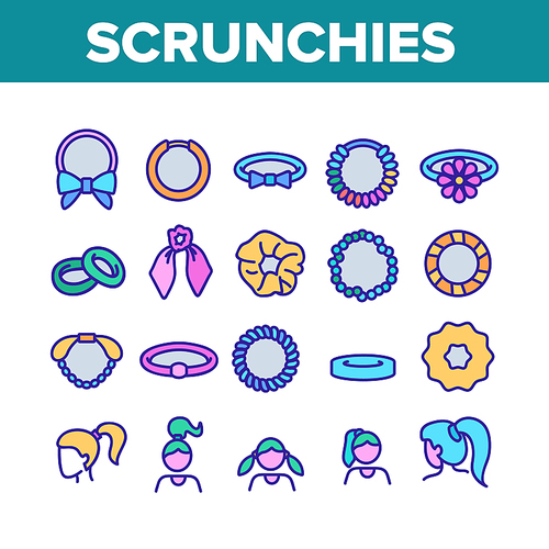 Hair Scrunchies Bands Collection Icons Set Vector. Hair Scrunches Headband Fabric Elastic Accessory Decorated Bow And Flower Concept Linear Pictograms. Color Contour Illustrations