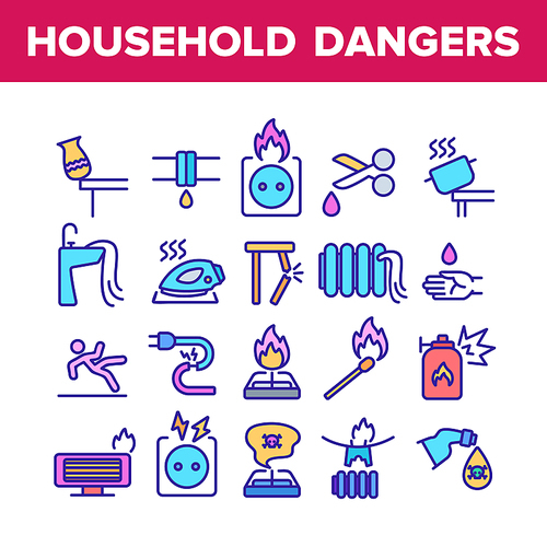 Household Dangers Collection Icons Set Vector. Short Circuit And Fire, Flood And Gas Leak, Balloon Explosion And Burning Match House Dangers Concept Linear Pictograms. Color Contour Illustrations