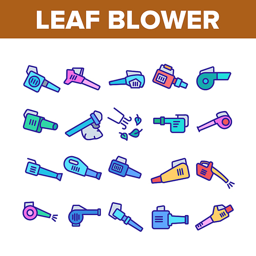 Leaf Blower Equipment Collection Icons Set Vector. Leaf Blower Electronic Device, Cleaning Blowing Tool Machine, Gardening Appliance Concept Linear Pictograms. Color Contour Illustrations
