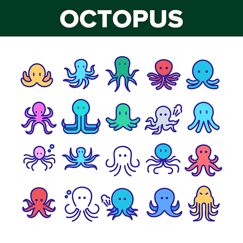 Octopus Ocean Mollusk Collection Icons Set Vector. Octopus Marine Sea Clam With Tentacles, Swimming Aquatic Invertebrate Concept Linear Pictograms. Color Contour Illustrations