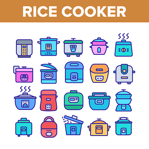 Rice Cooker Equipment Collection Icons Set Vector. Rice Cooker Electronic Device For Cooking Meal, Kitchen Utensil For Boil Concept Linear Pictograms. Color Contour Illustrations