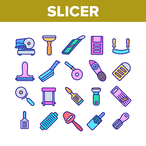 Slicer Kitchenware Collection Icons Set Vector. Manual And Electronic Food Slicer, Pizza Cutter, Cheese Knife Kitchen Utensil Concept Linear Pictograms. Color Contour Illustrations