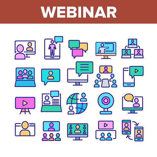 Webinar Education Collection Icons Set Vector. Internet Online Webinar, Video Seminar And Conference, Computer And Smartphone Concept Linear Pictograms. Color Contour Illustrations