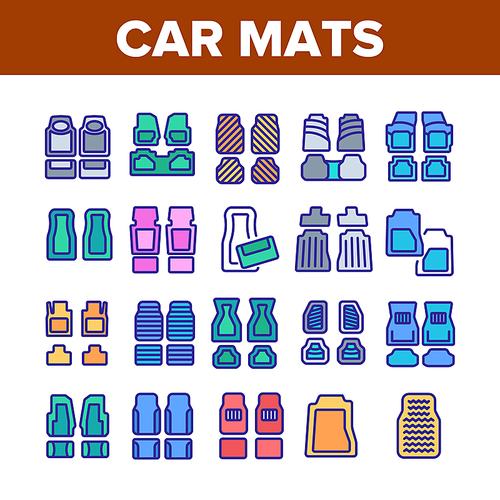Car Mats Floor Carpet Collection Icons Set Vector. Car Mats, Automobile Elastic Flooring Accessory, Vehicle Interior Part Concept Linear Pictograms. Color Illustrations