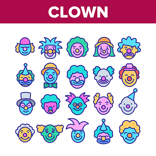 Clown Circus Character Collection Icons Set Vector. Happy Smiling And Unhappy Sad Different Mood Carnival Funny Clown Joker Concept Linear Pictograms. Color Illustrations