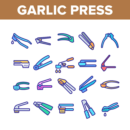 Garlic Press Utensil Collection Icons Set Vector. Garlic Press Kitchenware Equipment, Stainless Kitchen Tool, Metallic Ware For Cooking Concept Linear Pictograms. Color Illustrations