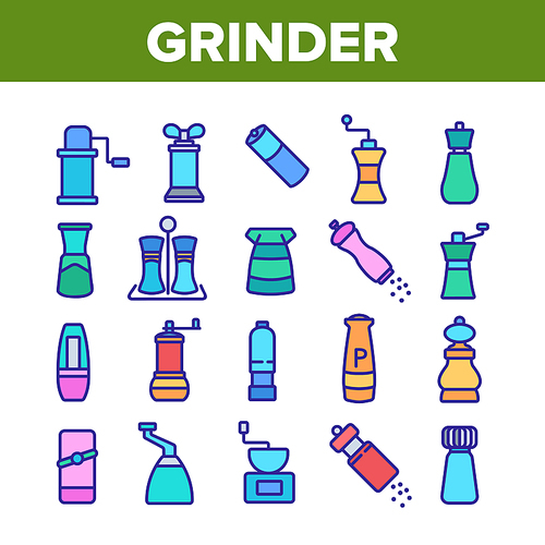 Grinder Pepper Salt Collection Icons Set Vector. Coffee Grinder Tool, Kitchen Utensil Or Restaurant Equipment For Spice, Flavor Kitchenware Concept Linear Pictograms. Color Illustrations
