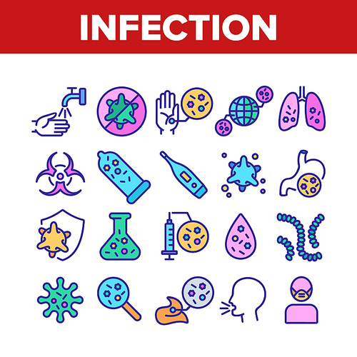 Infection And Disease Collection Icons Set Vector. Infection In Stomach And Lungs, On Hand And In Flask, Thermometer And Syringe Concept Linear Pictograms. Color Illustrations