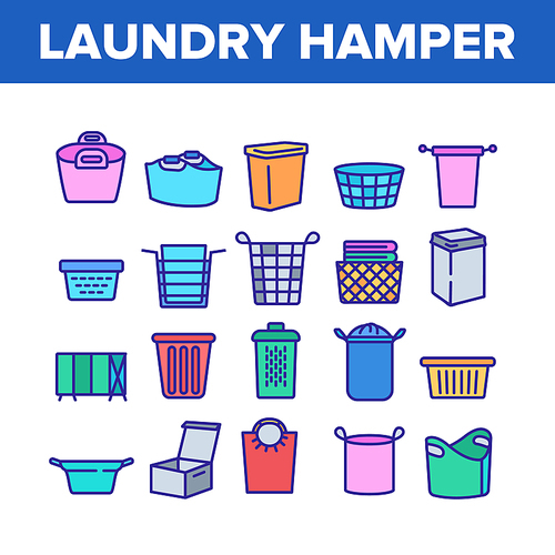 Laundry Hamper Basket Collection Icons Set Vector. Laundry Hamper And Bag For Dirty Clothes, Container And Package Textile Storaging Concept Linear Pictograms. Color Illustrations