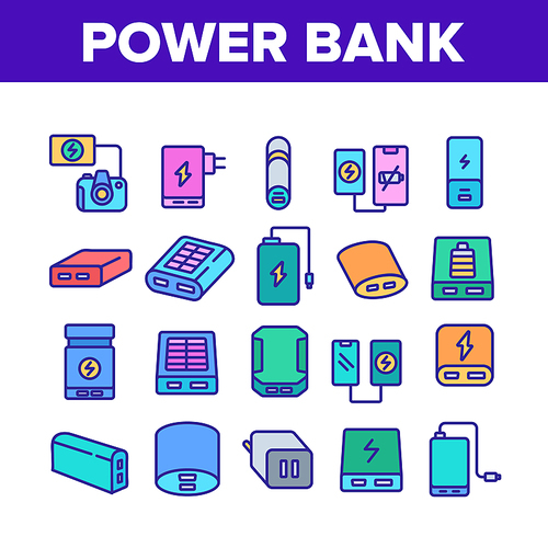 Power Bank Device Collection Icons Set Vector. Power Bank Electronic Equipment For Charging Smartphone And Photo Camera, Portable Charger Concept Linear Pictograms. Color Illustrations
