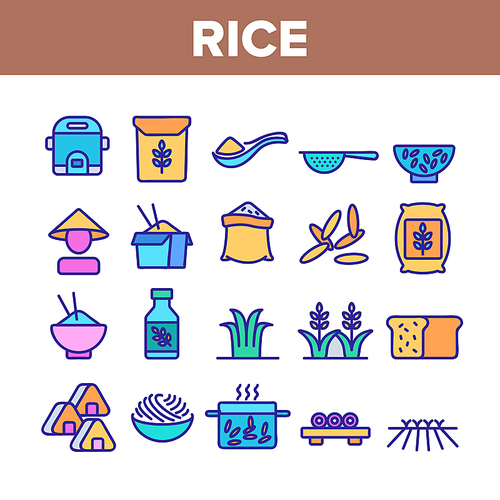 Rice Chinese Culture Collection Icons Set Vector. Rice Bread And Boiling Dish, Harvest Bag And Plant, Slow Cooker And Sushi Concept Linear Pictograms. Color Illustrations