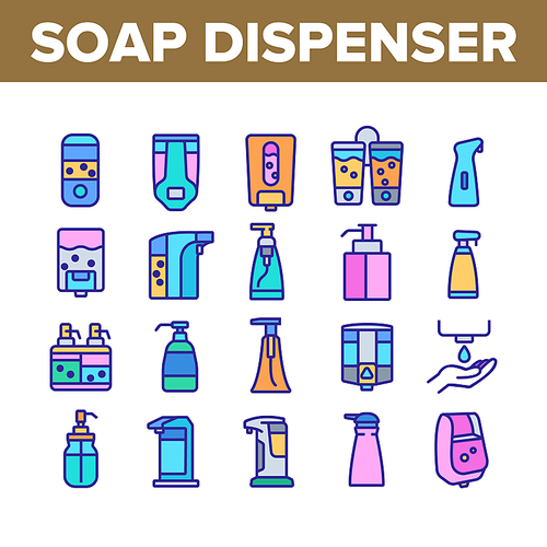 Soap Dispenser Tool Collection Icons Set Vector. Soap Dispenser Equipment Fow Wash Hand, Bottle For Lotion, Hygiene Liquid Drop Concept Linear Pictograms. Color Illustrations