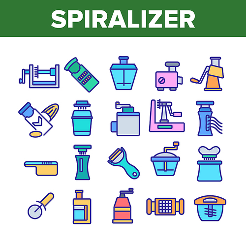 Spiralizer Kitchenware Collection Icons Set Vector. Spiralizer Kitchen Utensil For Slicing And Cutting, Meat Grinder And Grater Concept Linear Pictograms. Color Illustrations