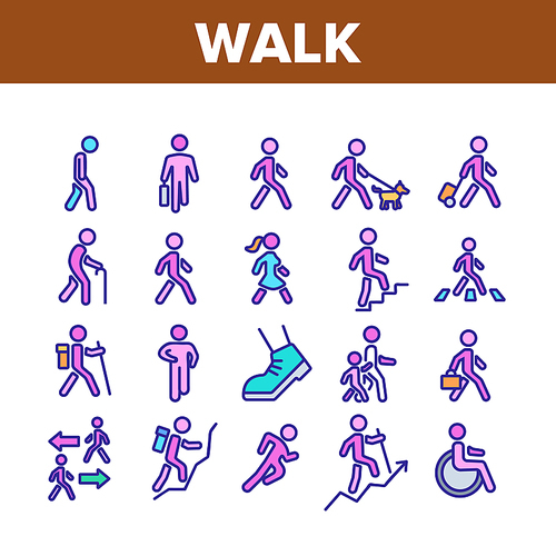 Walk People Motion Collection Icons Set Vector. Human Walk With Dog And Luggage, With Case And Backpack, Crosswalk And Stairs Concept Linear Pictograms. Color Illustrations