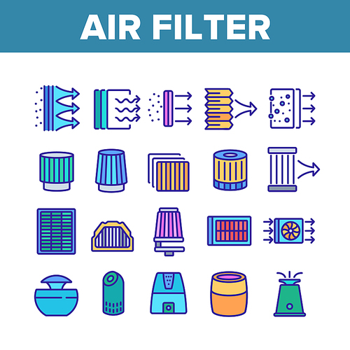 Air Filter And Airflow Collection Icons Set Vector. Car And Conditioner Air Filter Equipment, Domestic Device For Filtration Concept Linear Pictograms. Color Illustrations