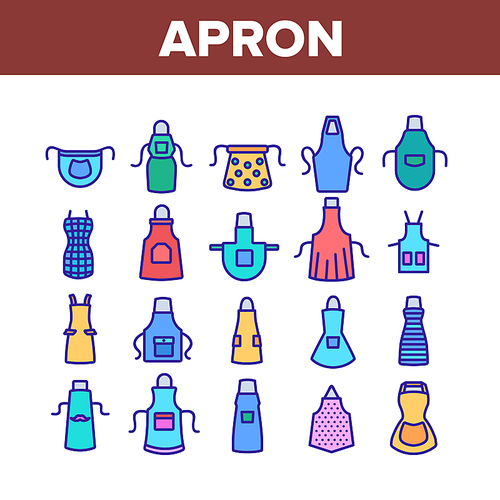 Apron Kitchen Cloth Collection Icons Set Vector. Kitchen Apron Protective Garment Different Style, Chef Uniform, Housewife Domestic Clothing Concept Linear Pictograms. Color Illustrations