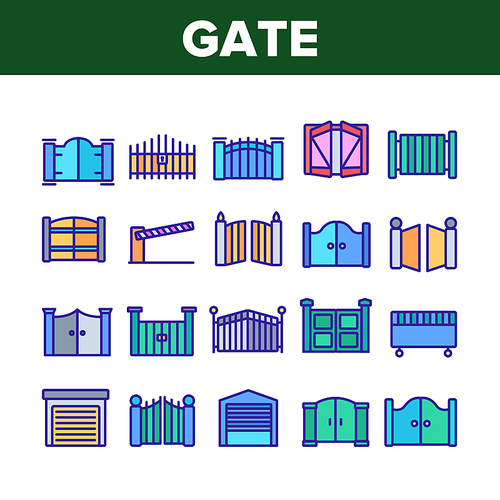 Gate Entrance Tool Collection Icons Set Vector. Garage And Parking Barrier Security Equipment, Metallic Material Residence Gate Concept Linear Pictograms. Color Illustrations