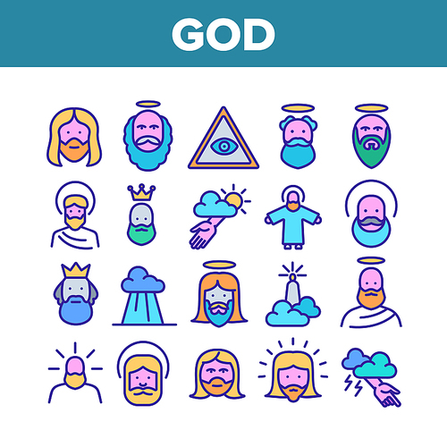 God Christian Religion Collection Icons Set Vector. Christianity And Catholic God, Heaven And Hand From Cloud, All-seeing Eye And Jesus Concept Linear Pictograms. Color Illustrations