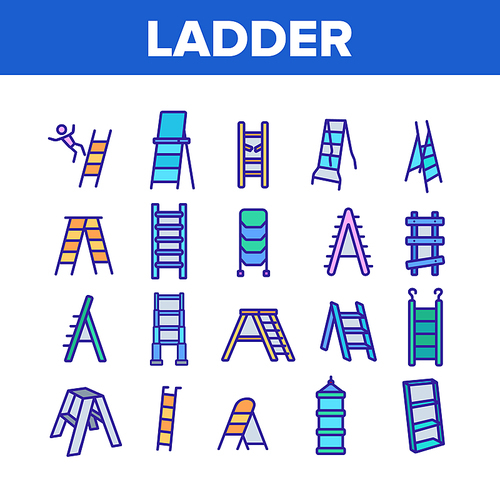 Ladder And Staircase Collection Icons Set Vector. Tall And Low, Wooden And Metallic Ladder, Human Falling Down From Equipment Concept Linear Pictograms. Color Illustrations