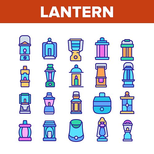 Lantern Equipment Collection Icons Set Vector. Vintage And Ancient Lantern, Kerosene Lamp And With Candle, Lighting Device Concept Linear Pictograms. Color Illustrations