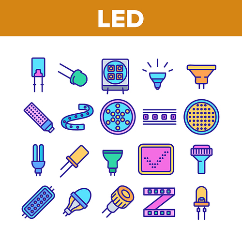 Led Lamp Equipment Collection Icons Set Vector. Led Technology Light Device, Lighting Tape And Lightbulb, Screen And Diode Concept Linear Pictograms. Color Illustrations