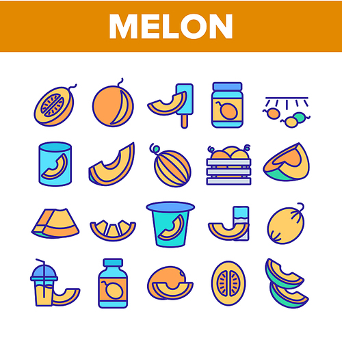 Melon Organic Fruit Collection Icons Set Vector. Sliced And Container With Melon, Fresh Juice Drink And Ice Cream, Yogurt And Jam Concept Linear Pictograms. Color Illustrations