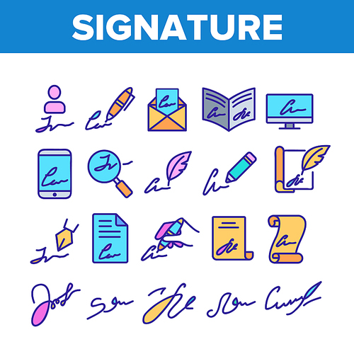 Signature Signing Collection Icons Set Vector. Human Own Signature On Partnership Agreement And Message, Writing Pen And Feather Concept Linear Pictograms. Color Illustrations