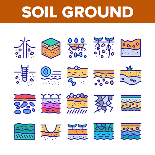 Soil Ground Research Collection Icons Set Vector. Soil Ground With Old Bone And Geyser, Drilling And Watering, Fertile And Desert Concept Linear Pictograms. Color Illustrations