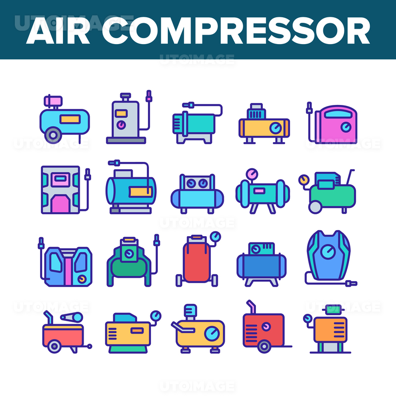 Pictogram Compression Machine Air Compressor Device Collection Icons Set Vector. Air Compressor, Pump ...
