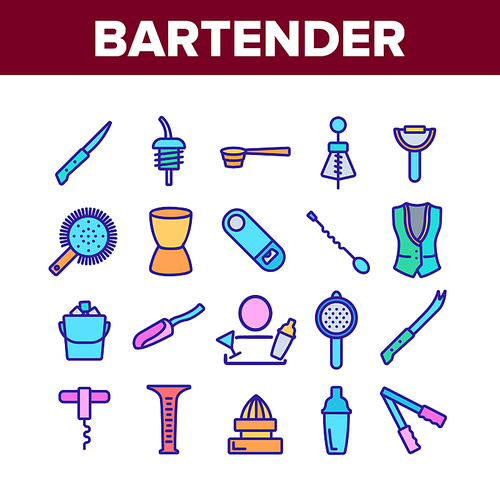 Bartender Equipment Collection Icons Set Vector. Bartender Shaker And Bucket With Ice, Opener And Corkscrew, Juicer And Spoon Concept Linear Pictograms. Color Contour Illustrations