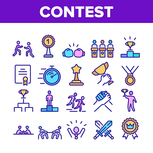 Contest Sport Activity Collection Icons Set Vector. Box And Run, Arm Wrestling And Tug Of War Contest, Champion Cup, Medal And Award Concept Linear Pictograms. Color Contour Illustrations
