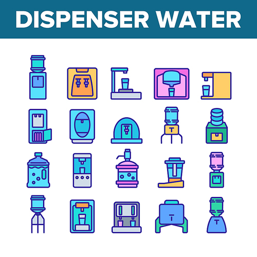 Dispenser Water Tool Collection Icons Set Vector. Dispenser Water Electronic Equipment And With Manual Pump, Cooling And Heating Device Concept Linear Pictograms. Color Contour Illustrations