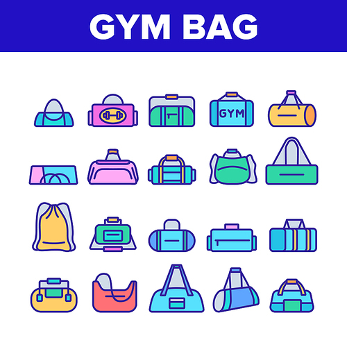 Gym Bag Accessory Collection Icons Set Vector Gym Bag For Sportive Suit And Shoes, Handbag For Fitness Sport Activity Clothes. Concept Linear Pictograms. Color Contour Illustrations