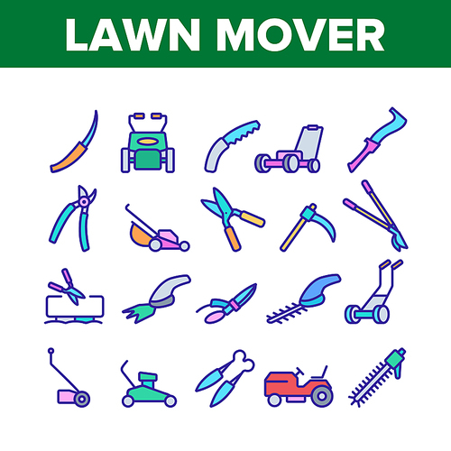 Lawn Mover Equipment Collection Icons Set Vector. Garden Scissors And Electronic Device For Cutting, Lawn Mover And Manual Cutter Concept Linear Pictograms. Color Contour Illustrations