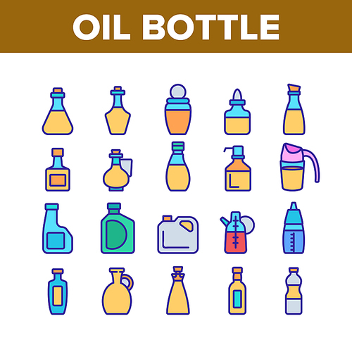 Oil Bottle Package Collection Icons Set Vector. Oil Bottle With Pump And Measuring Scale, Amphora And Classical Form Container Concept Linear Pictograms. Color Contour Illustrations
