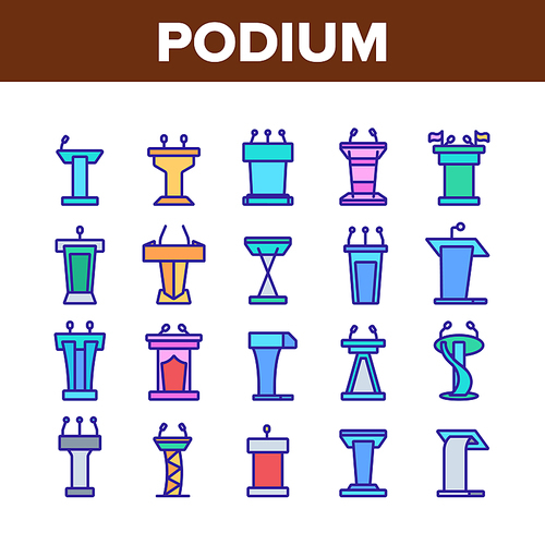 Podium Speaker Tool Collection Icons Set Vector. Podium With Microphone For Debates, Tribune For Reader Or Orator, Classroom Pedestal Concept Linear Pictograms. Color Contour Illustrations