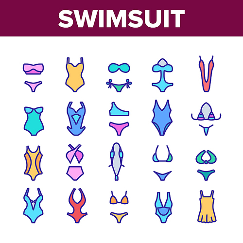 Swimsuit Woman Clothes Collection Icons Set Vector. Glamor Swimsuit, Female Bikini, Underwear For Swimming, Feminine Swimwear Concept Linear Pictograms. Color Contour Illustrations