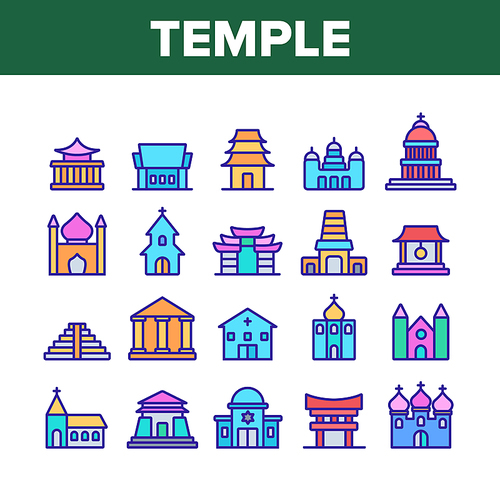 Temple Architecture Building Icons Set Vector. Religion Collection Nation Temple Building, Catholic And Christian Church, Islamic And Buddhism Linear Pictograms. Color Contour Illustrations