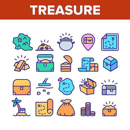 Treasure Pirate Gold Collection Icons Set Vector. Treasure Chest And Bag With Golden Coins, Map With Location And Island, Concept Linear Pictograms. Color Contour Illustrations