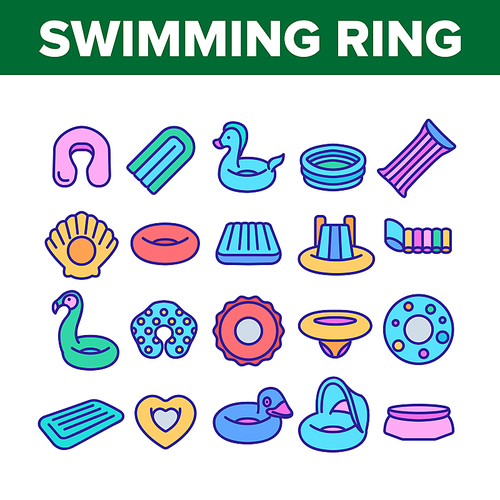Swimming Ring And Pool Mattress Icons Set Vector. Swimming Ring In Different Form, Duck And Donut, Heart And Shell, Horse And Flamingo Concept Linear Pictograms. Color Illustrations