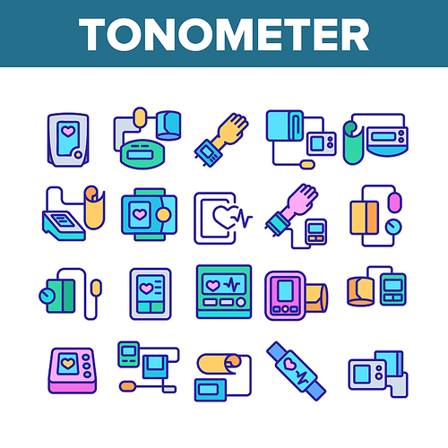 Tonometer Equipment Collection Icons Set Vector. Tonometer Medical Device For Measuring Blood Pressure, Mechanical And Electronic Tool Concept Linear Pictograms. Color Illustrations