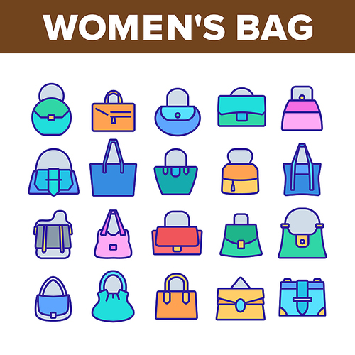 Women Bag Accessory Collection Icons Set Vector. Fashion Women Bag Baguette And Bucket, Duffel And Hobo, Saddle And Shopper Concept Linear Pictograms. Color Illustrations