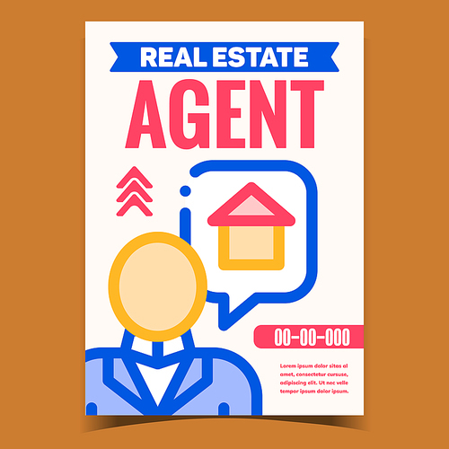 Real Estate Agent Creative Promo Poster Vector. Human Professional Agent Businessman Talking About House, Building Sale Advertising Banner. Concept Template Stylish Colorful Illustration
