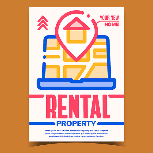 Rental Property Creative Advertising Banner Vector. Rental House Location On Laptop Display Electronic Map, Real Estate Internet Web Site. Concept Template Stylish Colorful Illustration