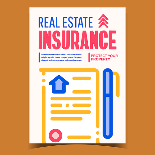 Real Estate Insurance Advertising Poster Vector. House, Apartment Or Office Insurance, Document Agreement And Pen On Creative Banner. Concept Template Stylish Colorful Illustration